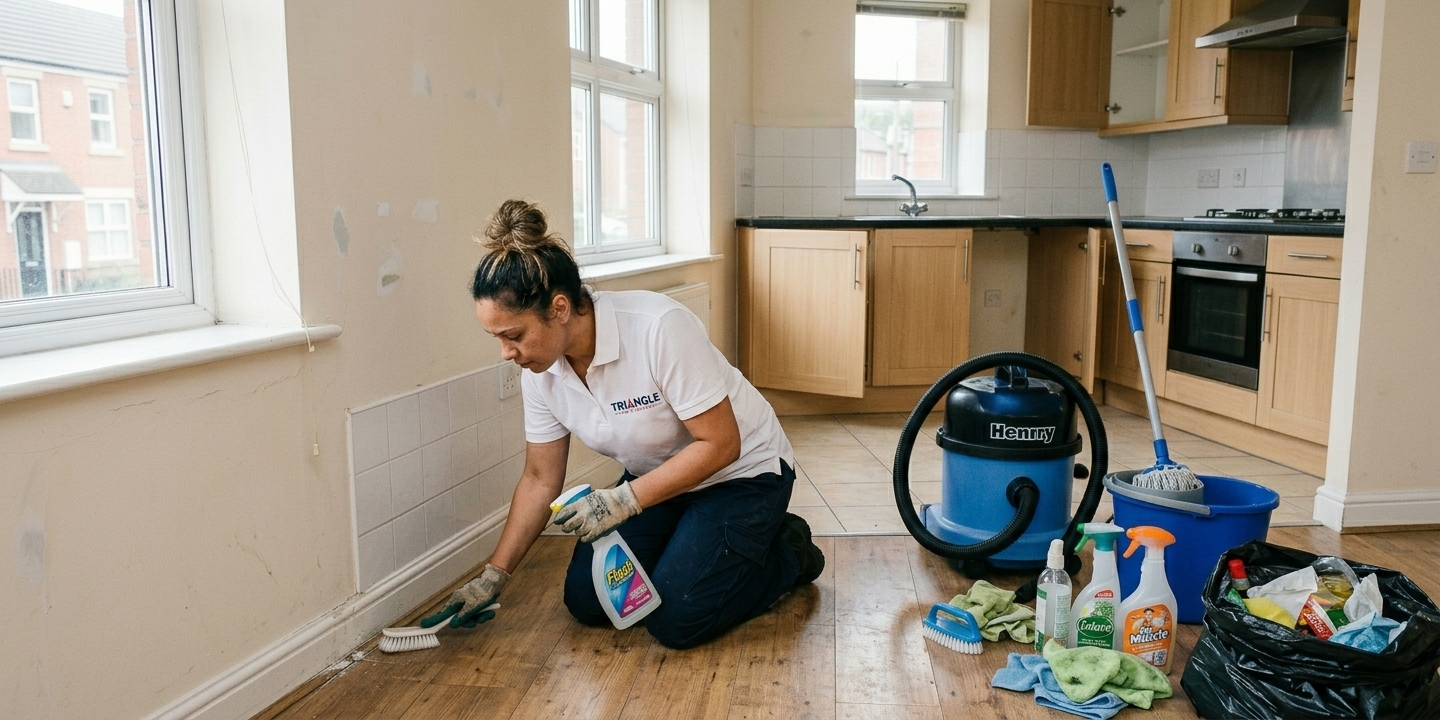 Triangle Home Cleaners staff member scrubbing skirting boards during an end-of-lease bond clean.