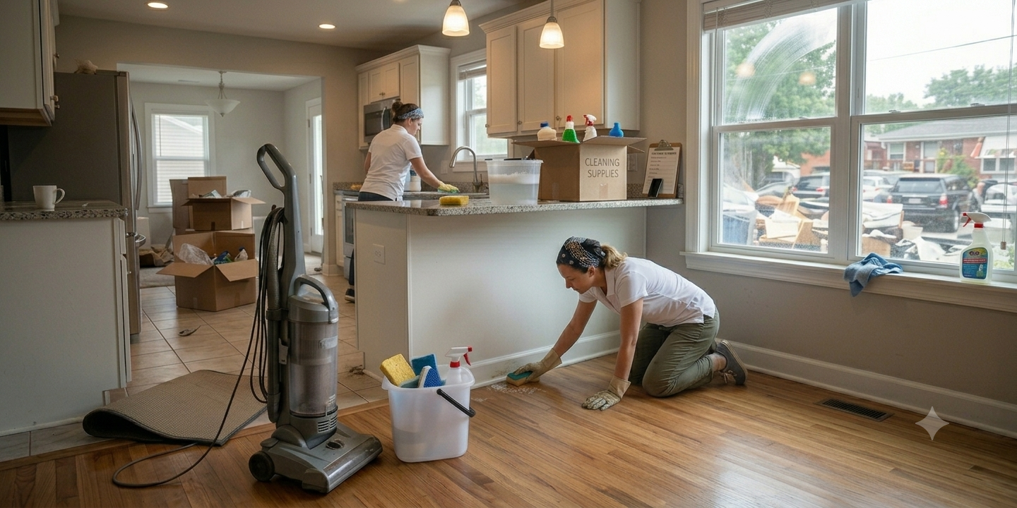 Two cleaners performing a detailed move-out clean in an empty kitchen with packing boxes and supplies.