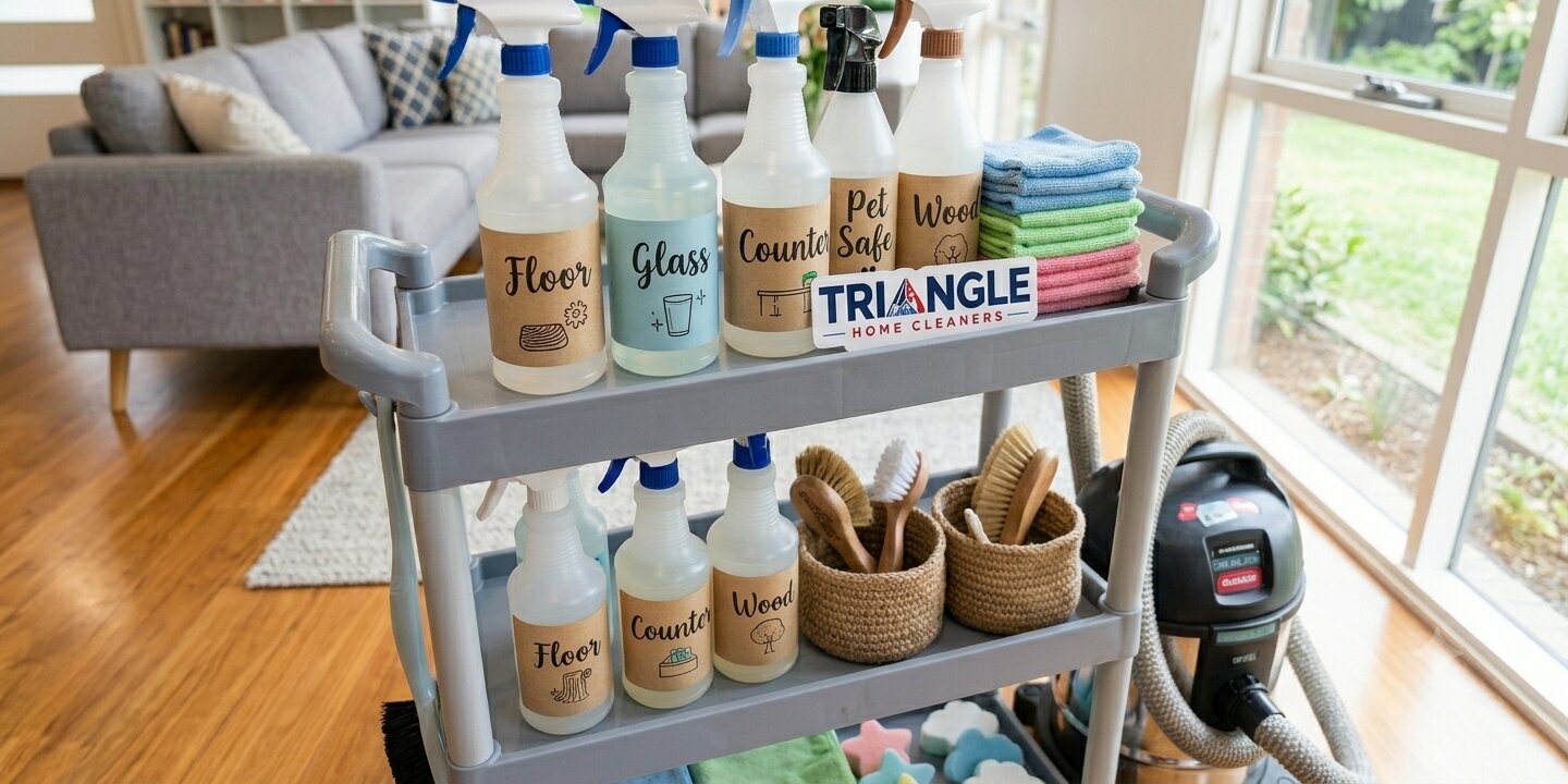 Triangle Home Cleaners professional supply cart with eco-friendly, pet-safe cleaning solutions, color-coded microfiber cloths and brushes in a bright Raleigh living room.
