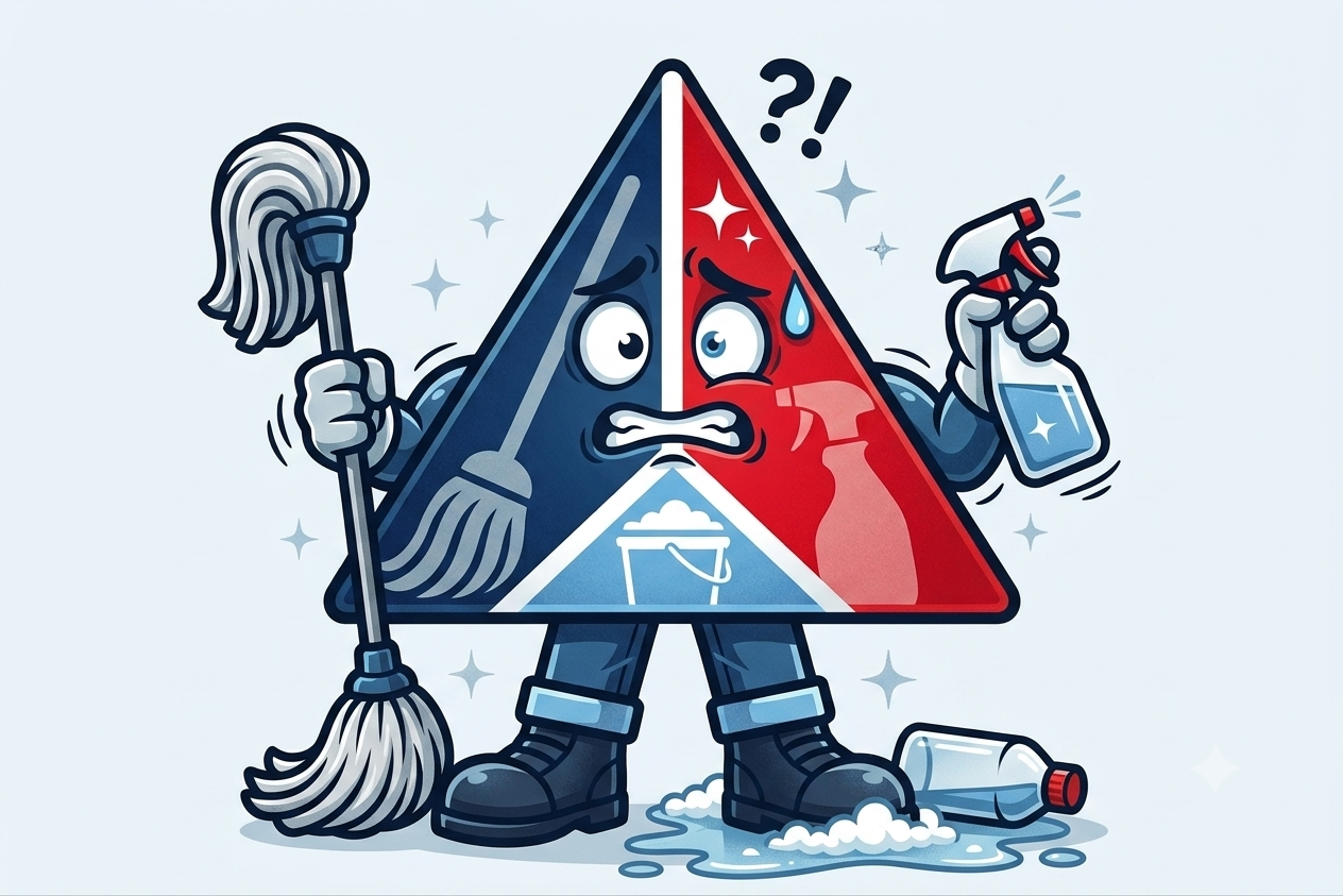 A friendly Triangle Home Cleaners mascot looking embarrassed but ready to help, representing our human approach to fixing mistakes