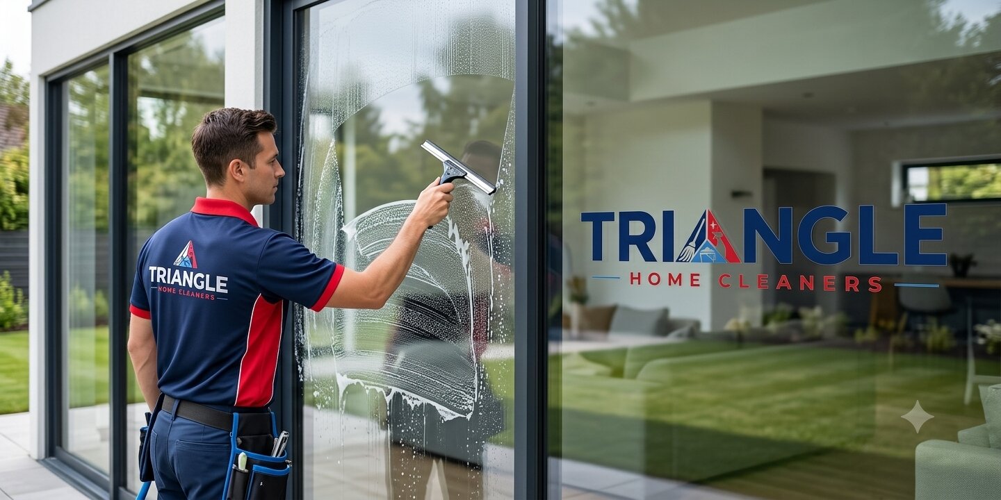 Triangle Home Cleaners technician in branded navy and red uniform using a professional squeegee to clean the exterior of a large residential sliding glass door, with a spotless modern living room visible through the streak-free glass.