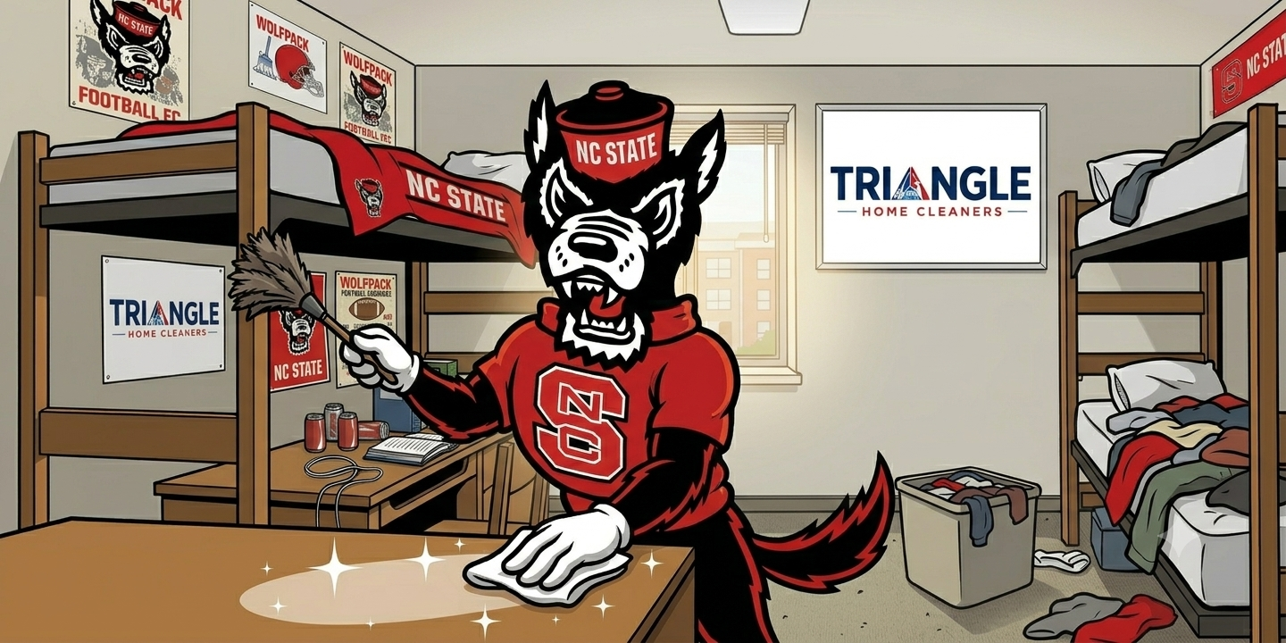NC State Wolfpack mascot Mr. Wuf in a red Wolfpack jersey dusting and wiping a sparkling desk in a Raleigh dorm room — bunk beds, Wolfpack Football FC posters, NC State pennant and a Triangle Home Cleaners sign on the wall above the window.