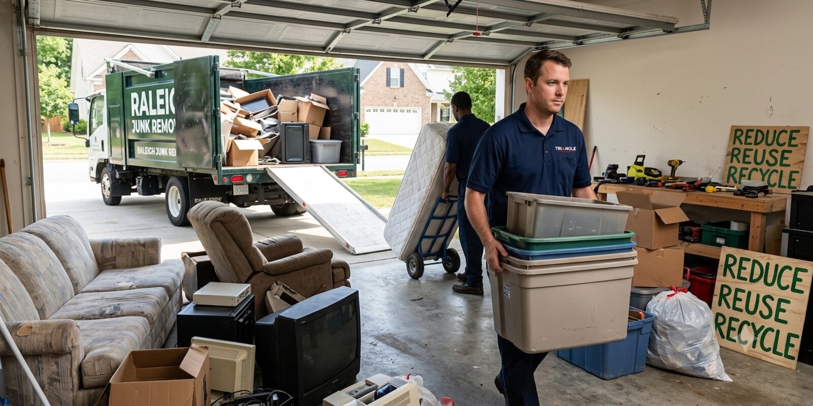 Professional junk removal team loading old furniture and household items into a clean white truck in a Raleigh neighborhood.
