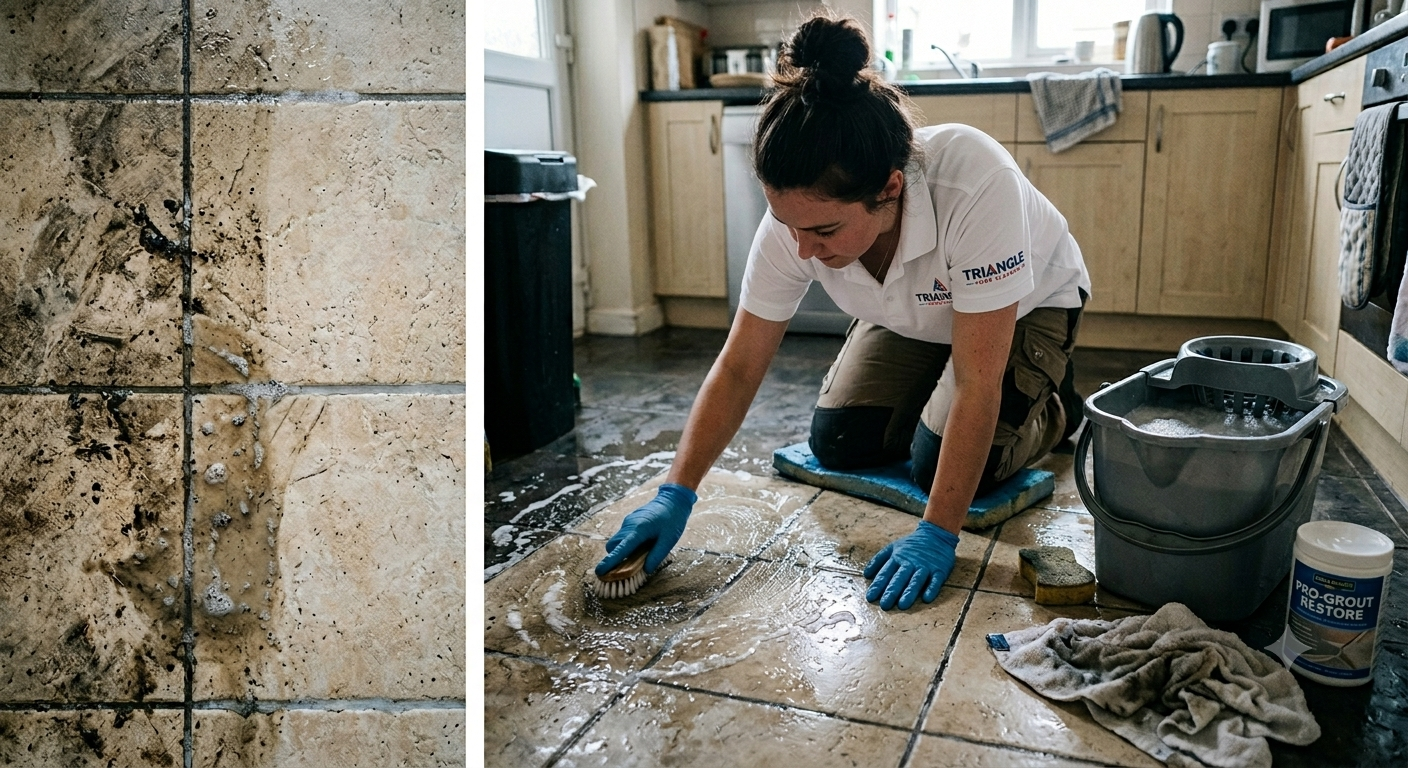 Triangle Home Cleaners technician scrubbing tile grout during a deep restorative kitchen floor clean.