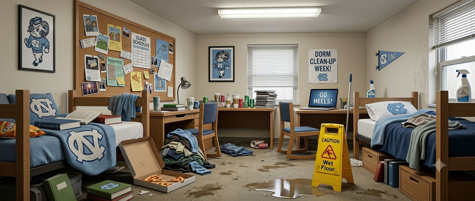 UNC Chapel Hill dorm room before Triangle Home Cleaners — Carolina Blue blankets with the NC logo, cluttered desks, laundry pile and a yellow 'Caution Wet Floor' sign on Franklin Street campus housing.