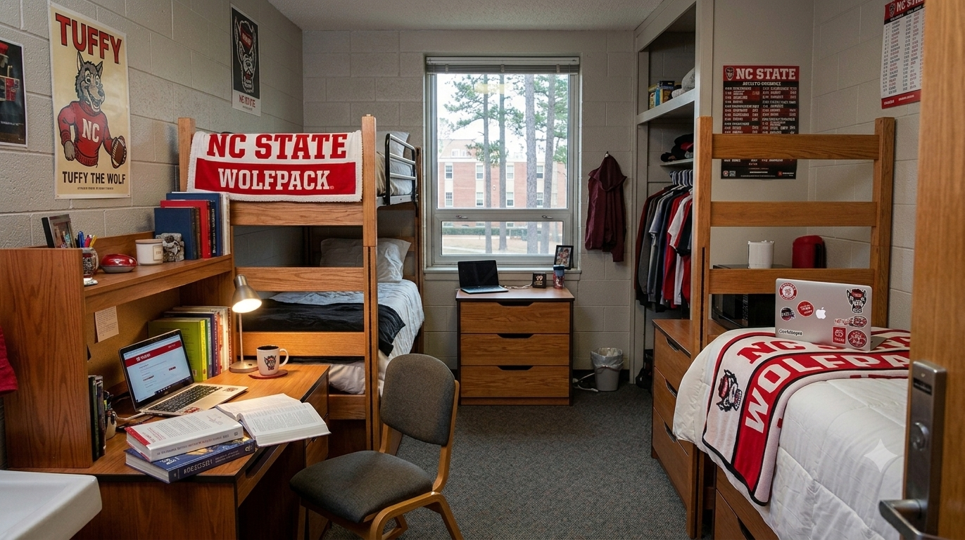 Tidy NC State Wolfpack dorm room near Hillsborough Street with bunk beds, a Tuffy the Wolf poster, NC State Wolfpack blanket, organized desk and laptop — cleaned by Triangle Home Cleaners.