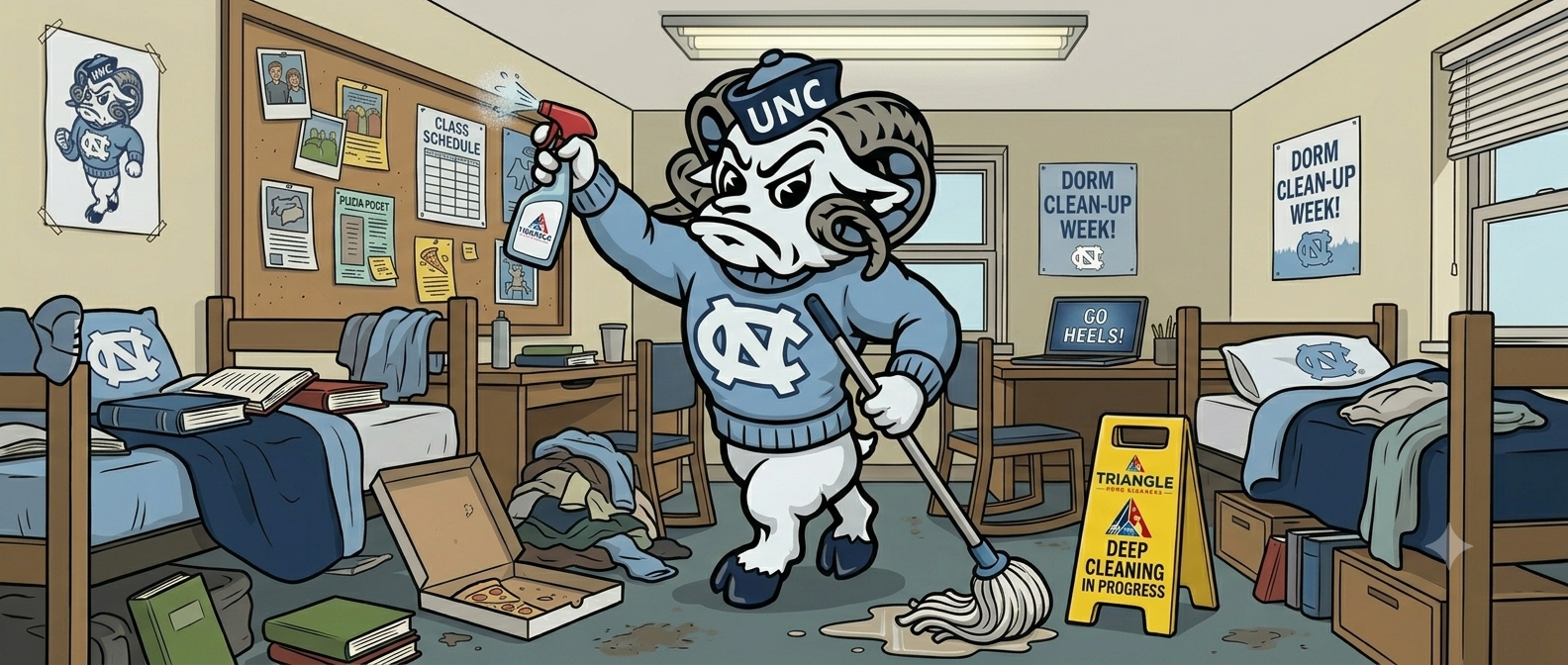 UNC Chapel Hill Tar Heels Rameses ram mascot in a Carolina Blue sweater mopping a UNC dorm room with bunk beds, UNC posters and a Triangle Home Cleaners 'Deep Cleaning In Progress' sign — illustration.