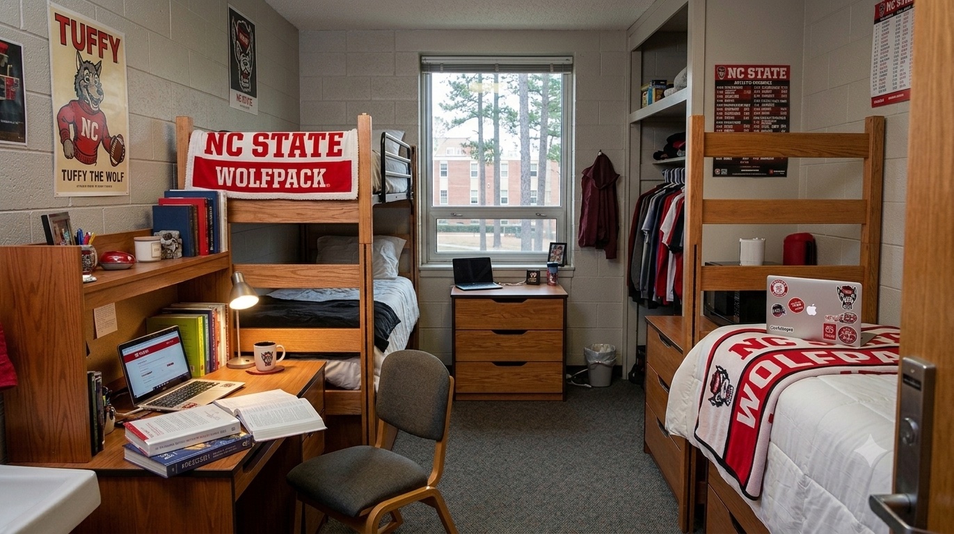 Tidy NC State Wolfpack dorm room near Hillsborough Street with bunk beds, a Tuffy the Wolf poster, NC State Wolfpack blanket, organized desk and laptop — cleaned by Triangle Home Cleaners.